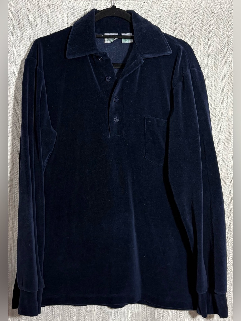 VTG 70s Gino Paoli Navy Blue Velour Long Sleeve Polo Shirt Mens XL